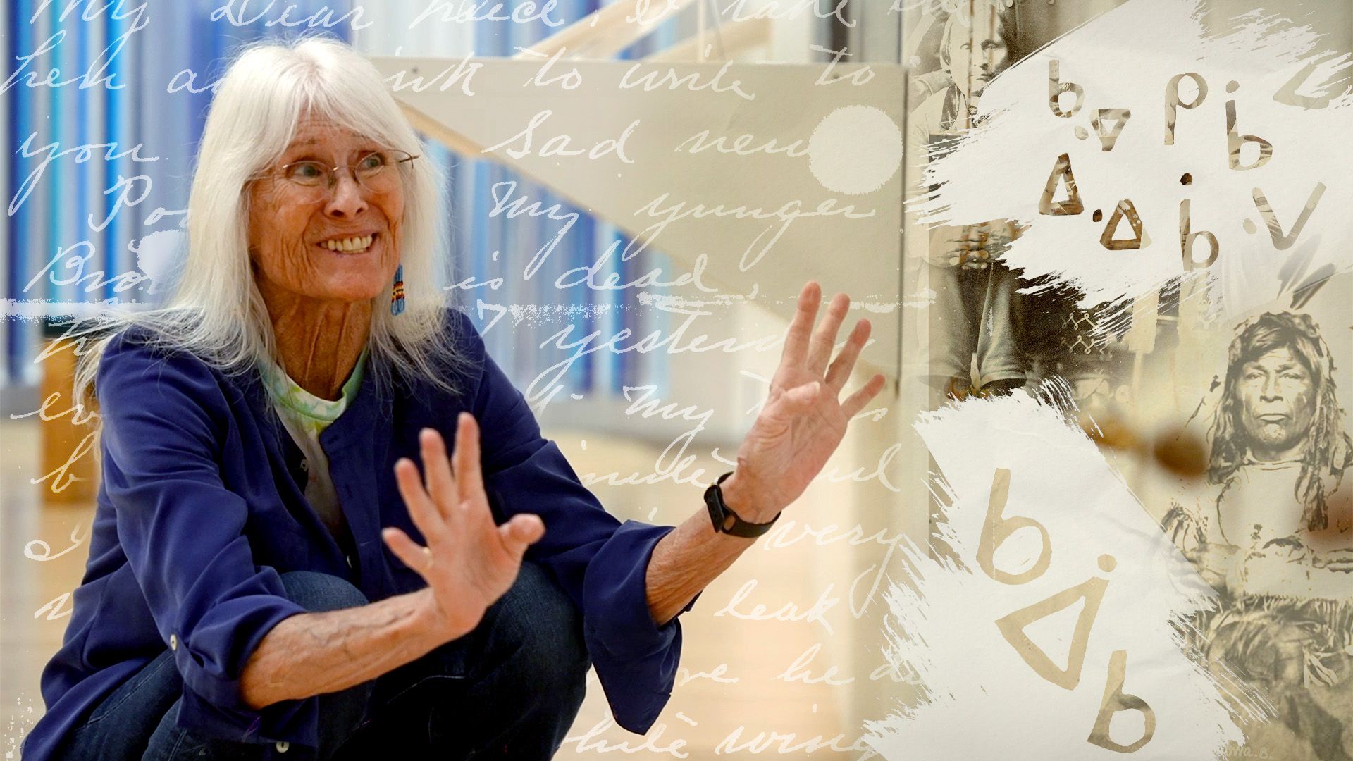 oshi no cu - Smiling older woman with long white hair gestures with open hands; collage background of English and Native American writing, paper texture, and vintage portraits.